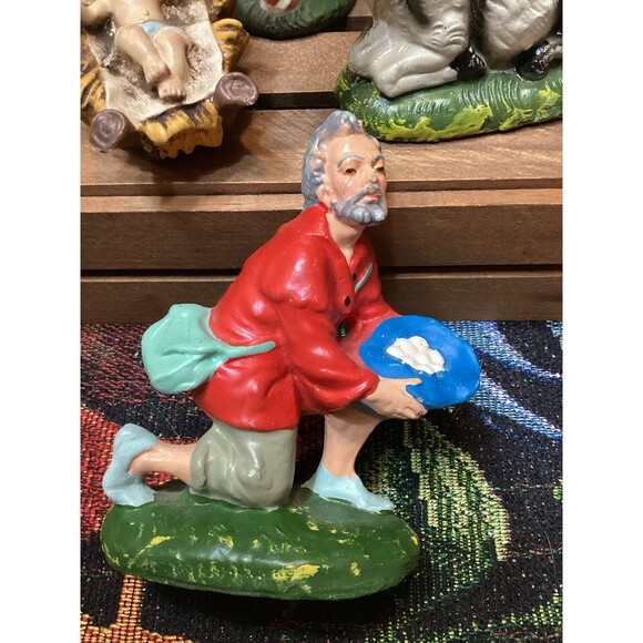 Vintage Chalkware Nativity Scene Italy Mary Jesus Shepherd W Eggs Joseph Pig - Picture 6 of 16